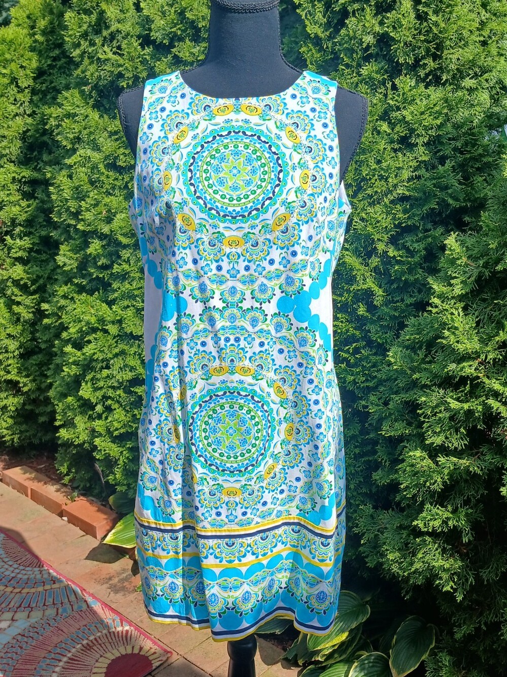 London Times Sky Blue/Yellow/Green Mandala Dress Sz 8